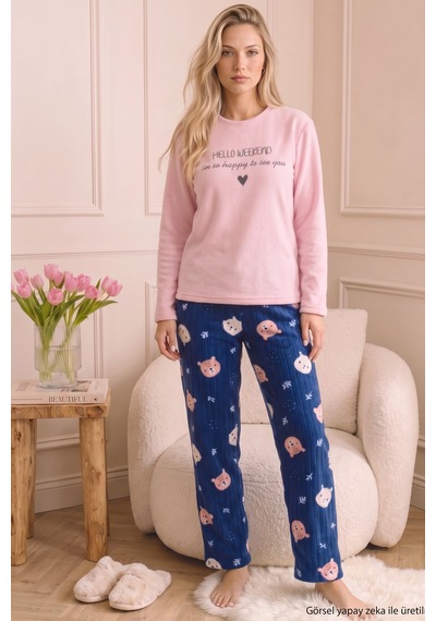 Siyah İnci Pembe Nakışlı Alt-üst Polar Kışlık Örme Pijama Takım 26222128