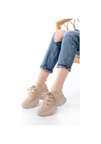 Sp-2024 Bej Günlük Bağcıklı Fileli Taş Aksesuarlı Kadın Spor ... Bej