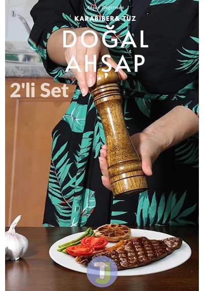 Technojet 2 Adet Doğal Ahşap Karabiber Tuz Kahve Baharat Öğütücü Ahşap Değirmen Tuzluk Biberlik 2li Set Tabaklı 22cm 2li Set Tabaklı 22cm