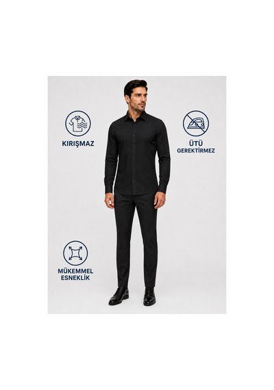 Suit Aydın Uzun Kol Slim Fit Non Iron Ütü Gerektirmeyen Pamuklu Klasik Gömlek Siyah