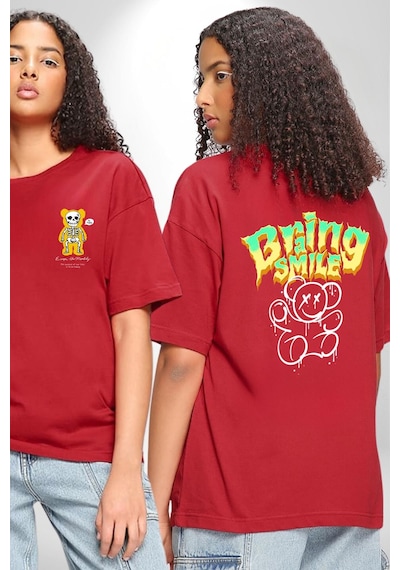 Beyin Gülüşü Kırmızı Oversize Unisex Ön Ve Sırt Baskılı Tişört Kırmızı