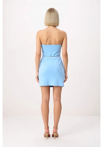Benerly Kadın Straplez Mini Elbise Zincirli Detaylı Bodycon Kesim Esnek D Mavi