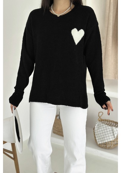 Noa & Noa Kadın Kalpli Kalın Triko Kazak Oversize & Minimal Romantik Stil Siyah