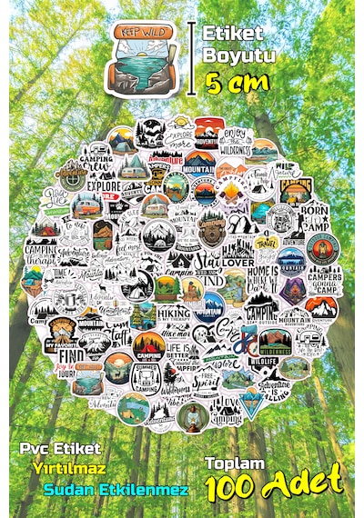 Kamp Temalı Camping Outdoor Adventure Sticker Seti Model-4 5cm - 100 Adet 5cm