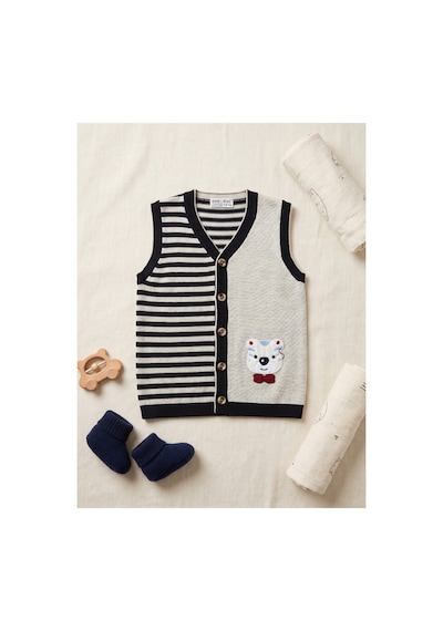 Deniva Kids Unisex Çocuk Çizgili Ve Ayıcık Figürlü Düğmeli Triko Süveter Yelek - Bej 1 Yaş
