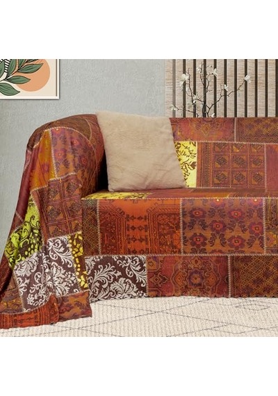 Softmicro Koltuk Örtüsü Çekyat Örtüsü Koltuk Şalı Etnik Desenli Patchwork Kaymaz Kiremit 180x220 Cm Genel