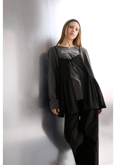 Defacto Kız Çocuk Loose Fit Bisiklet Yaka Baskılı Uzun Kollu Tişört G1083a825auar58 Antrasit