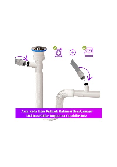 Çift Girişli Körüklü Lavabo Sifonu, Çamaşır Ve Bulaşık Makinesi Bağlantılı, Esnek Gövde, Ayarlanabilir