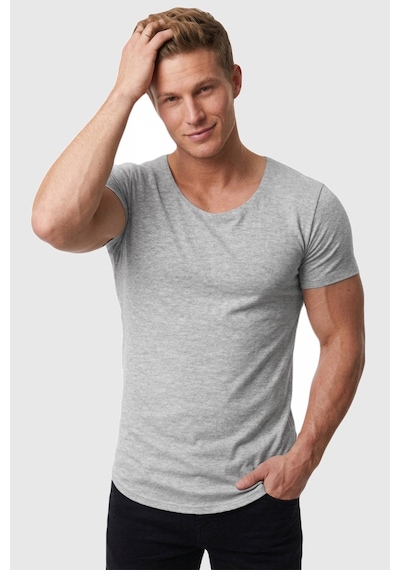 Deepsea Erkek Gri Geniş Yaka Likralı Tişört Oval Yaka Slim Fit Eteği Oval Açık Yaka T-shirt 1801199 Gri