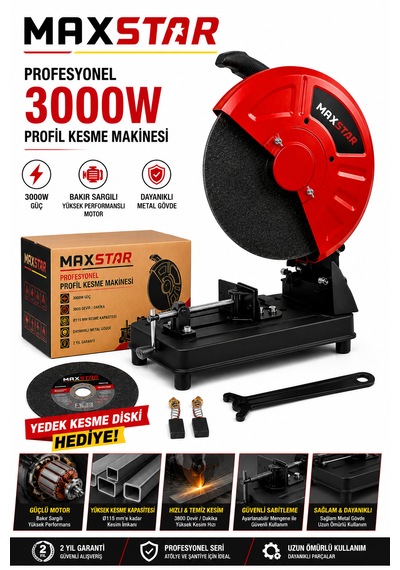 Maxstar PRF3035 3000W 355MM Profil Kesme Makinesi 45 Açılı Metal Demir Kesme + Yedek Kesme Diski