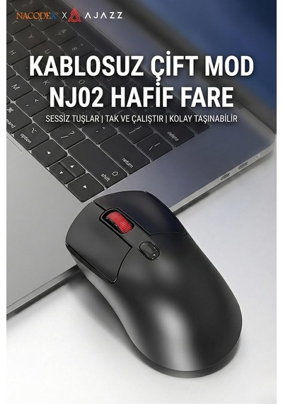 Kablosuz Mouse 2.4g + Bluetooth Çift Modlu Sessiz Tıklama 1600 Dpı Ayarlı Hafif Ergonomik Tasarım 4 Tuşlu Usb Alıcılı Tak Çalıştır Bilgisayar Mouse Ajazz Nj02