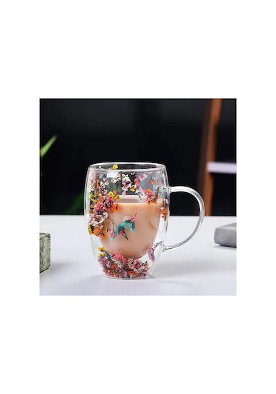 350 Ml Isıya Dayanıklı Borosilikat Çift Çidarlı Flower Cup Bardak Çiçekli Kahve Sunum Bardağı çok renkli