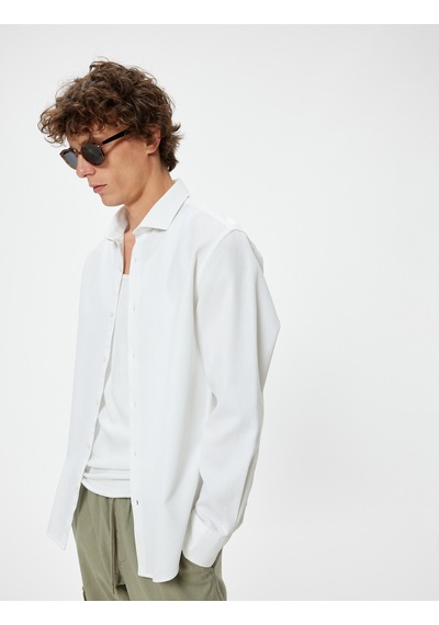 Koton Yarım İtalyan Yaka Gömlek Slim Fit Uzun Kollu Düğmeli Beyaz 4sam60079hw Beyaz