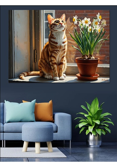 Ahşap Tablo Pencere Kenarında Duran Tekir Kedi