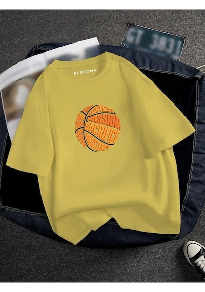 Oversıze Basketbol Topu Baskılı Unısex Tisort Baskılı Sari
