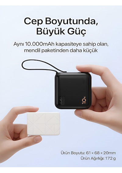 10000mah Dijital Göstergeli Type-c Kablolu/girişli 20w Hızlı Şarjlı Powerbank - Siyah siyah