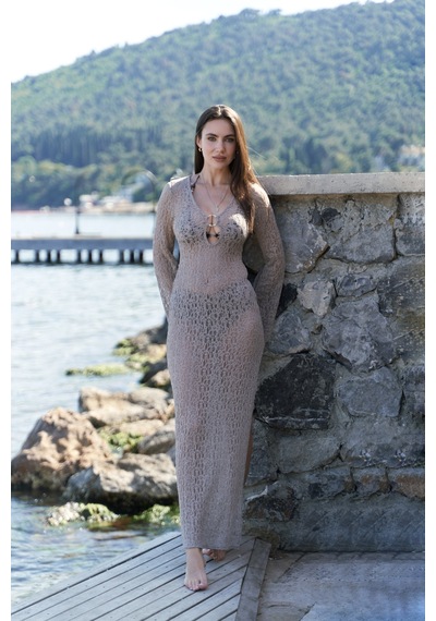 Mai Collection Mai Studios Co. Caroline Dantelli Vizon Uzun Elbise Vizon