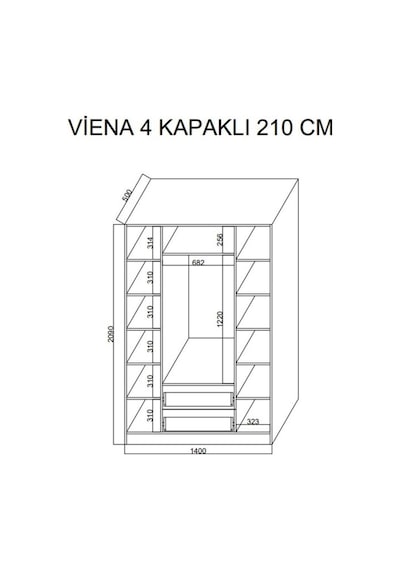 Kuzeylife Viena Modern Tasarımlı Membran Kapaklı 4 Kapılı Gardırop (50 cm Derinlik)