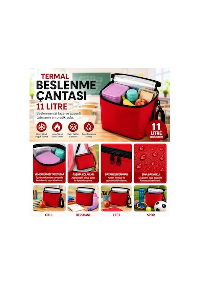 11 Litre Termal Beslenme Çantası Isı Yalıtımlı Sıcak Soğuk Tutucu Termos Yemek Taşıma Okul Piknik Kamp Çantası-kırmızı .