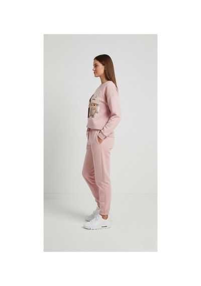 The Kadın Soft Touch Ayıcık Desenli %100 Pamuk Sweatshirt - Casual Fit- Krem/pembe Pembe