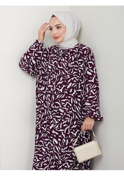 Nevayla Moda Desenli Önü Büzgülü Viskon Elbise - Mor / E0131 Mor