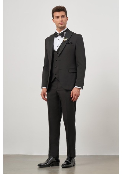 İmza Siyah Yelekli 6 Drop Slim Fit Ceremony Takım Elbise 1001240205 Siyah