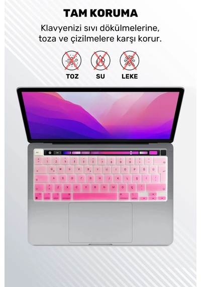 Apple Uyumlu MacBook Pro 13 Inc 2020/2022 M1/m2 A2338 Pembe Türkçe Krakterli Silikon Klavye Koruyucu Kılıf Çok Renkli