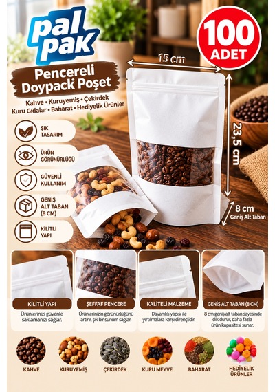 Pencereli Kilitli Poşet Kahve, Kuruyemiş Ve Gıda Ambalajı 15x23,5+8 Cm 100 Adet