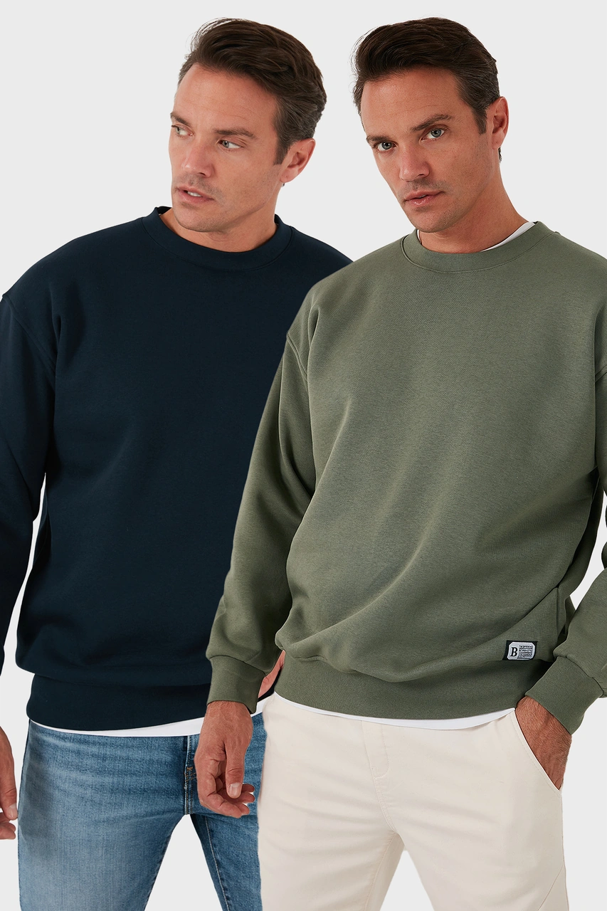 Buratti Regular Fit Bisiklet Yaka Şardonlu 2'Li Paket Erkek Sweat 5905255S2 Haki-Koyu Lacivert