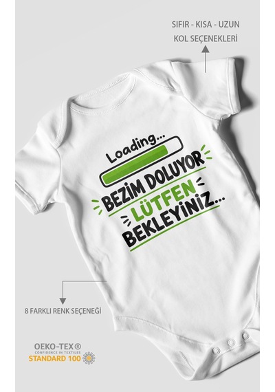 Morivokids Bezim Doluyor Lütfen Bekleyiniz Kısa Kollu Bebek Body %100 Pamuk Beyaz