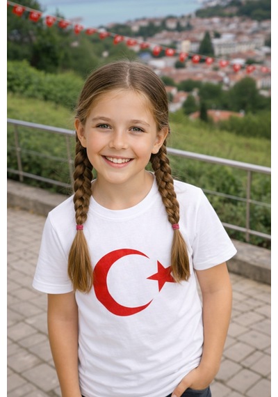 Kız Kısa Kol Beyaz Çocuk Bayrak Ay Yıldızlı 23 Nisan 29 Ekim 10 Kasım Gösteri Özel Tişört