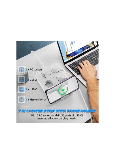 Enerji Kabloları Akım Korumalı Anahtarlı Priz - 3x Priz - 2x Usb - 2x Type-c - 2 Mt Kablo Hızlı Şarj Özellikli Siyah