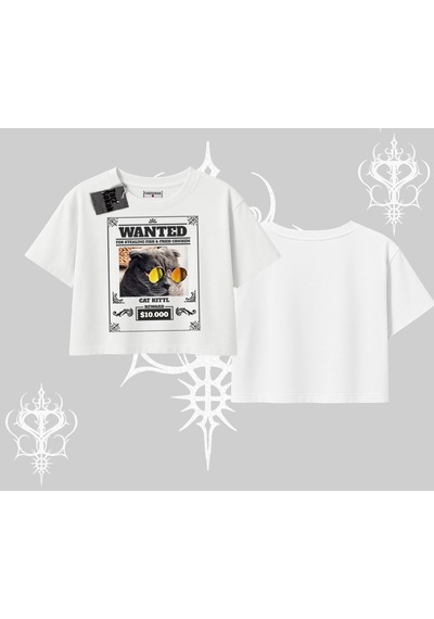 Tarzsokak Wanted Temalı Kedi Baskılı Oversize Crop Tshirt Beyaz