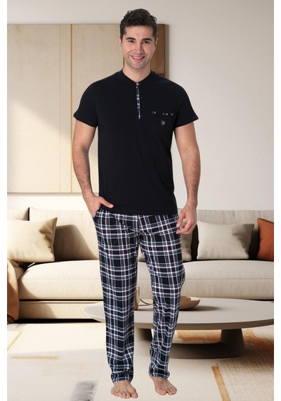 Mecit Pijama Mecit 2901 Lacivert Ekoseli %100 Pamuk 3'lü Büyük Beden Erkek Pijama Takımı Lacivert