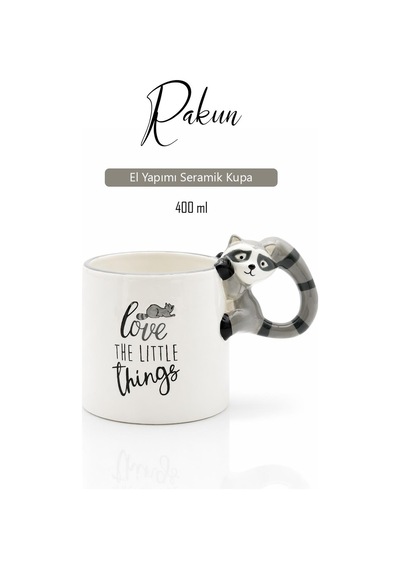 Rakun Figürlü El Yapımı Kupa - Mug, 400 Ml Beyaz