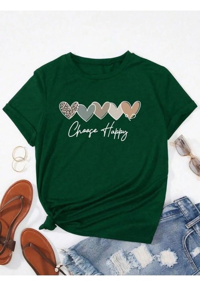 Unisex Pamuklu Choose Happy Kalp Ön Baskılı Tasarım Tshirt Yeşil
