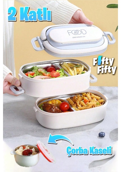Vagonlife 1140 Ml 2 Kat Paslanmaz Çelik Çorba Kaseli Bento Lunch Box Yeni Nesil Sefer Tası -fflbox10403 Bej