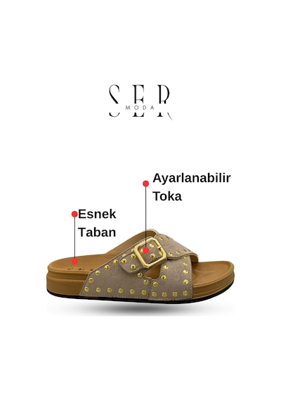 Sermoda Troklu Kadın Terlik - Tokalı Troklu Rahat Ve Esnek Taban Kadın Terlik Bej