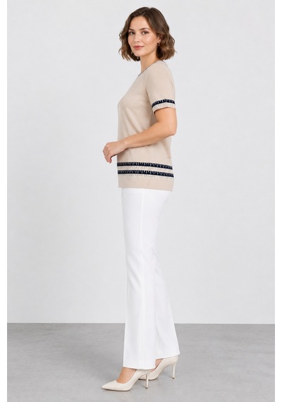 Bihan Store Kadın Sıfır Yaka Kısa Kollu Triko Bluz W27-3079 - Açık Bej