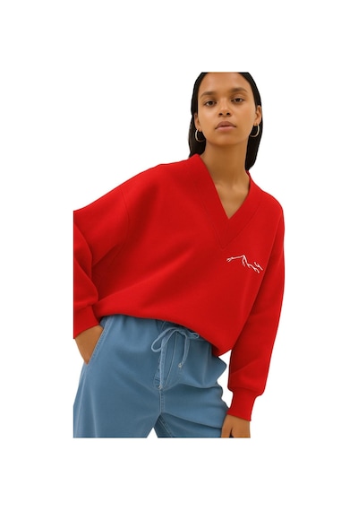Benroma Dağ Baskılı Ünisex V Yaka Sweatshirt Kırmızı