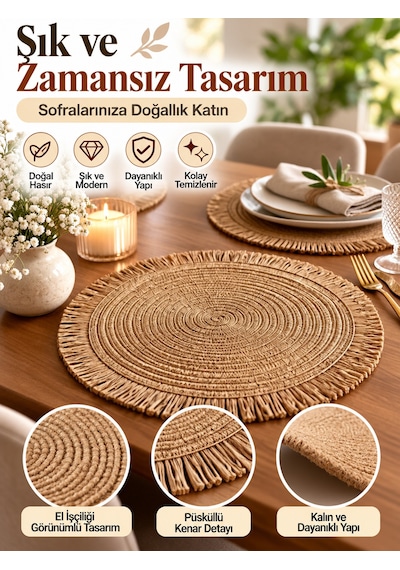 Mucit Home Kahve Püsküllü Hasır Supla 38 Cm Yuvarlak Amerikan Servis Tabak Altlığı Dekoratif Örgü Kahverengi