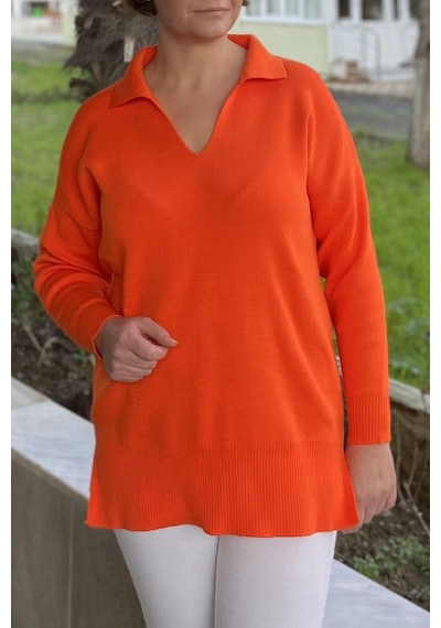 Mia Butik Büyük Beden Turuncu Polo Yaka Triko Bluz-1334 Turuncu