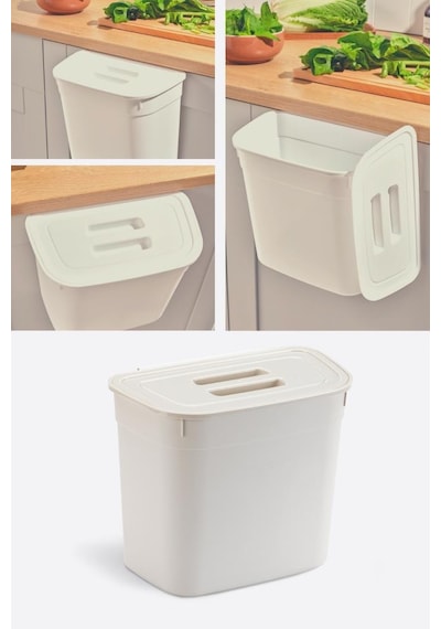 Flosoft Dolap İçi Kapaklı Asılabilir Çöp Kovası, Dolap Kapağı Askılı Çöp Kutusu Krem 7 Litre Krem