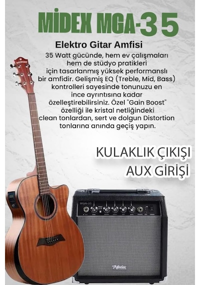 Maxword M450-EQ-AMP Profesyonel Masif Ağaç Amfili Elektro Akustik Gitar Seti üst Segment