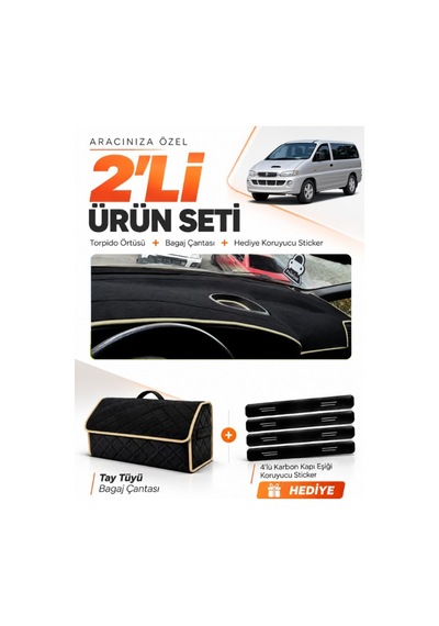 E-biz Hyundai Starex 1997-2007 Uyumlu Torpido Örtüsü + Tay Tüyü Bagaj Çantası - Siyah-bej - Hu032