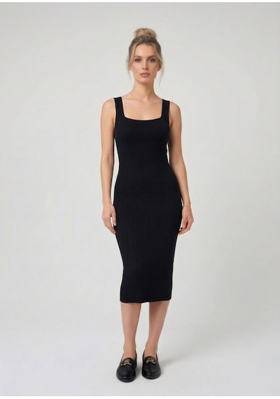 Neden Tekstil Premium Fit Kare Yaka Fitilli Triko Midi Elbise - Siyah