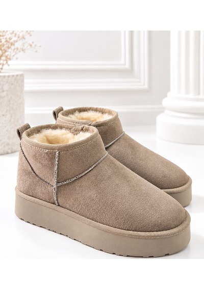 Dabab Shoes Kardelen Kadın Bej Lüks Süet İçi Kürklü Sıcak Astarlı 5 Cm Kalın Tabanlı Kısa Bot Kar Botu