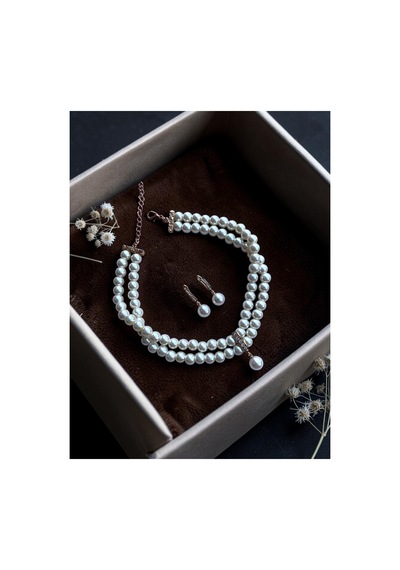 Zirkon Taşlı Tasma Choker İnci Kolye Ve İnci Küpe Seti Düğün Nikah Kına Beyaz