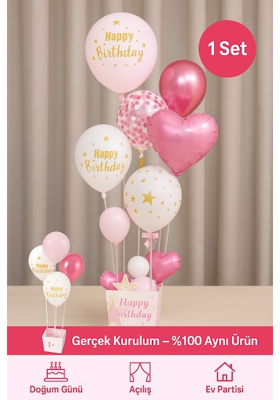 Pembe Doğum Günü Balon Kutusu Happy Birthday Konsept Parti Süsleri Masa Üstü Stand