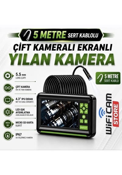 5 Metre Çift Lens Ekranlı Yılan Kamera 5.5mm Lens Sert Kablo